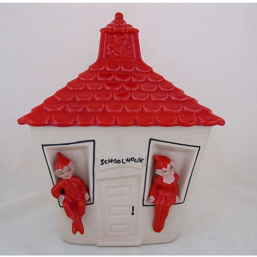 Vintage! GILNER POTTERY PIXIE SCHOOL HOUSE COOKIE JAR W RED ROOF